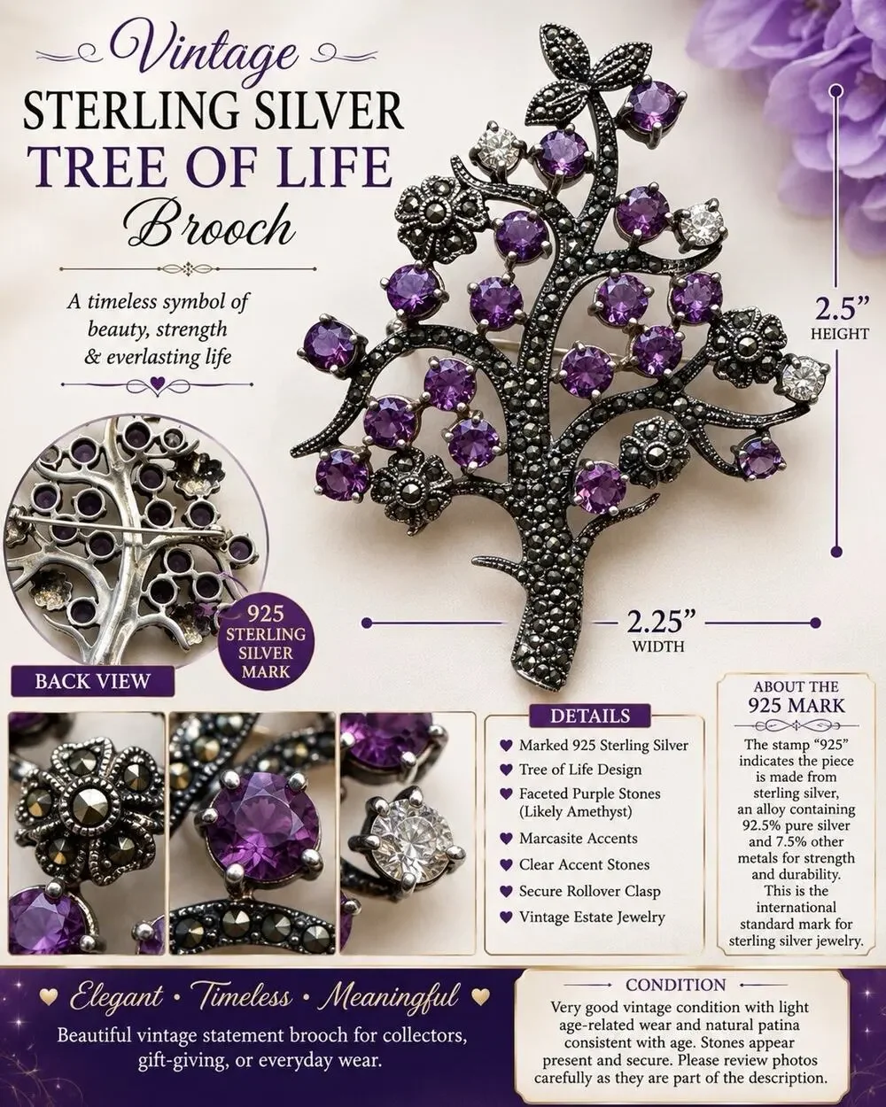 Sterling 925 Stamp Tree Of Life Brooch Possible Amethyst Stones Pin Clasp
